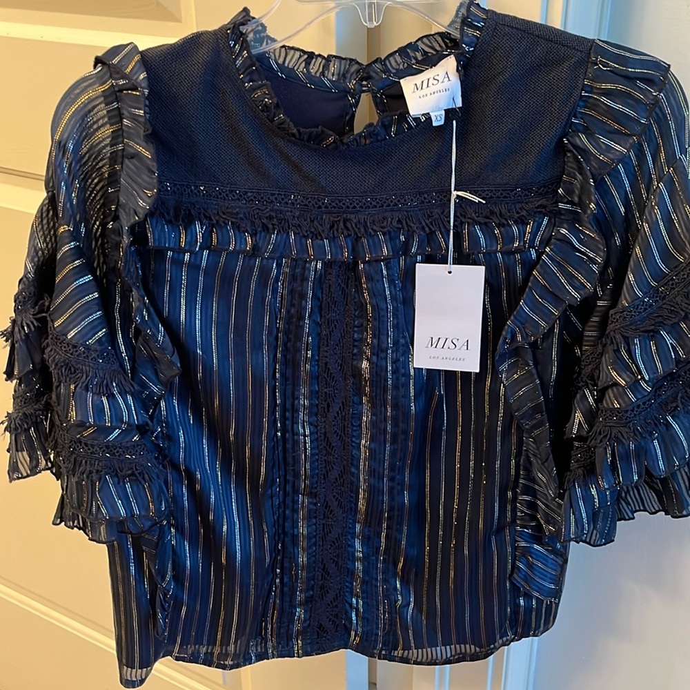 MISA. navy and metallic short sleeve blouse with ruffle sleeves. Size xs. NWT